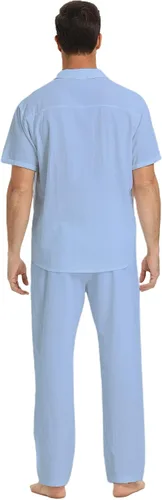 Miniatura 23 de RPOVIG Conjunto de camisa de lino y pantalones: conjuntos de lino de 2 piezas para hombre, camisas de manga corta, pantalones de yoga, trajes