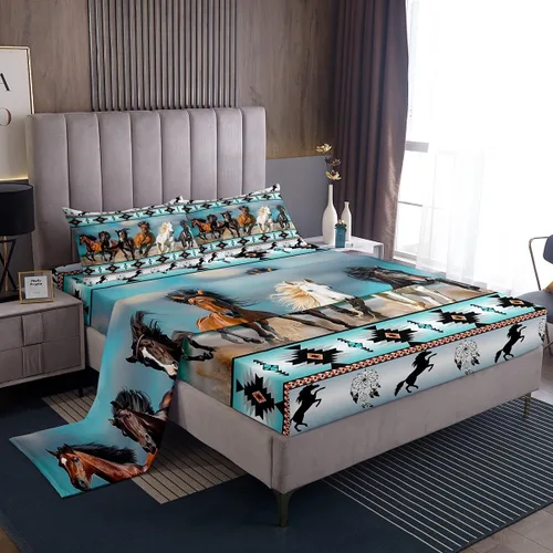 Erosebridal Juego de sábanas aztecas con caballos tribales africanos impresos, sábanas de cama ajustadas de animales de granja de tribu étnica con