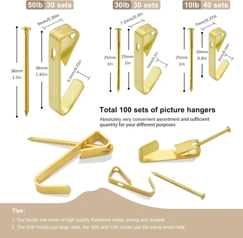 Miniatura 2 de Juego de 200 ganchos para colgar fotos, 3 tamaños, incluye ganchos para colgar cuadros de 10 libras, 30 libras, 50 libras, ganchos resistentes