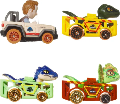 Miniatura 5 de Hot Wheels - Autos de juguete fundidos a presión, paquete de 4 vehículos RacerVerse con personajes de Jurassic World Charlie, Owen, Dilophosaurus