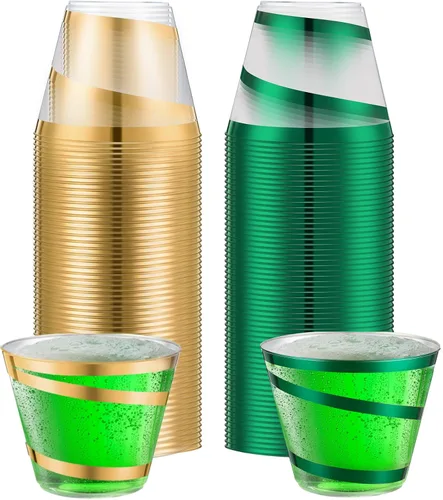 Miniatura 32 de Gejoy Tazas de plástico con borde en espiral de 9 onzas desechables, tazas de vino de plástico elegantes y transparentes, elegantes jarras de Oro