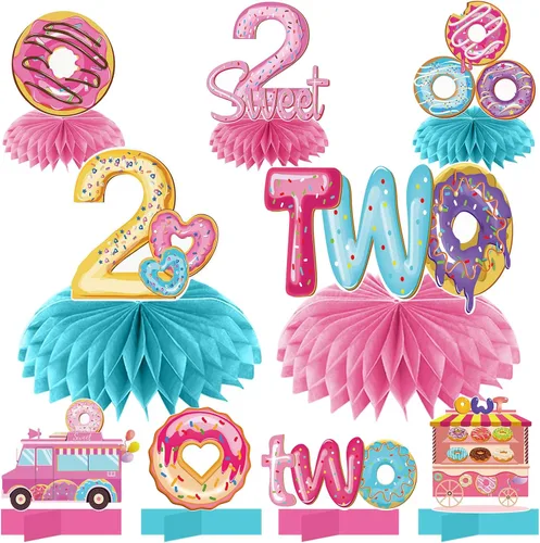 Aodocuto 10 piezas de decoración de fiesta de segundo cumpleaños con dos donas para bebés niños y niñas, dona dos dulces suministros de fiesta,