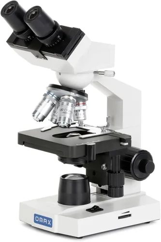 Microscopio compuesto binocular LED lab 40X-2000X Omax con doble capa, etapa mecánica y coaxial fino/grueso, perilla de enfoque