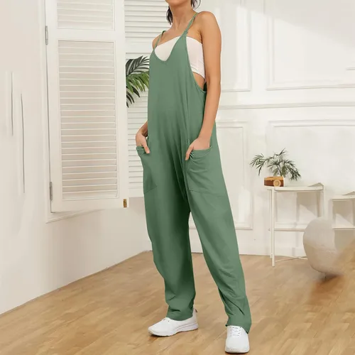 Miniatura 7 de Hugncmy Womens Casual Summer Jumpsuit Sleeveless Loose Solid Color Comfortable Strap Loose Jumpsuit Formal Rompers for
