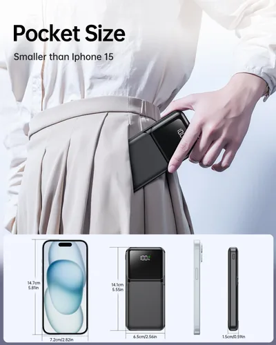 Miniatura 6 de RONEGN Cargador portátil con cable integrado, cargador de batería de carga rápida USB C, pantalla LED de 10000 mAh, 5 salidas y 3 entradas