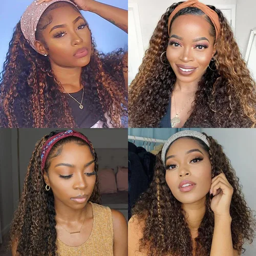 Miniatura 5 de Aiterina Peluca con Diadema de Cabello Humano Ombre con Mechas Rizado Peluca de Cabello Humano Pelugas con Diadema para Mujeres Negras Sin Encaje