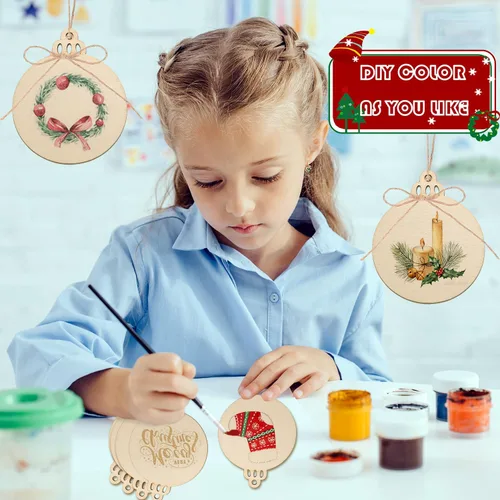 Miniatura 6 de Artmag 100 piezas de adornos colgantes de madera sin terminar de Navidad DIY, discos de madera redondos en blanco para manualidades, centros de 100