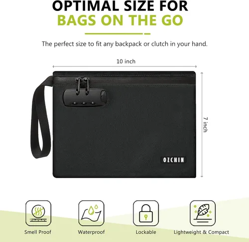 Miniatura 6 de OZCHIN Bolsa a prueba de olores con cerradura de combinación de 10 x 7 pulgadas, bolsa de bloqueo de piel sintética impermeable con cerradura, gran