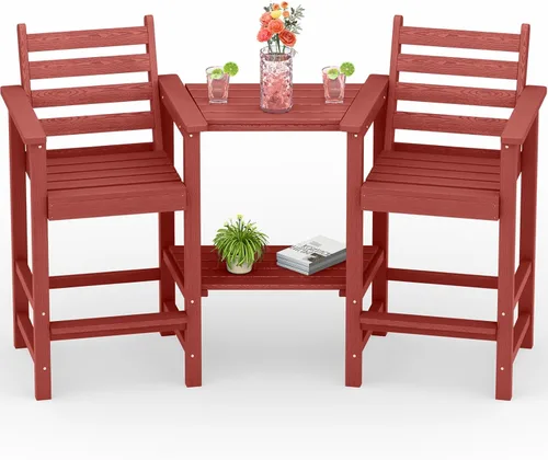 PLUUV Juego de 2 sillas Adirondack altas, sillas Adirondack de altura de barra para balcón de polietileno HDPE resistente a todo clima con bandejas