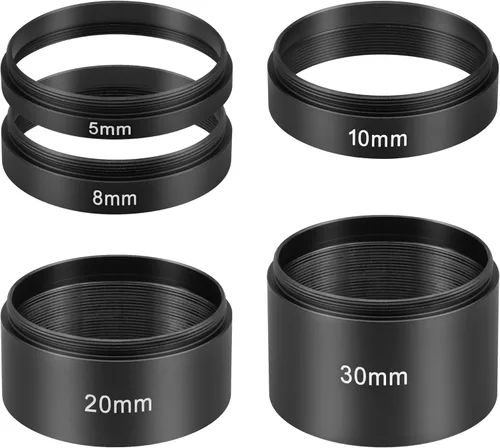 Astromania Tubo de extensión, kit de 2 tubos de extensión para telescopios con M48x0.75 en ambos lados, longitud 0.197 in, 0.315 in, 0.394 in, 0.787