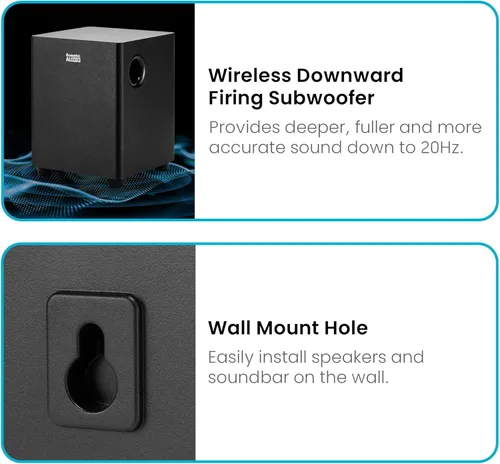 Miniatura 5 de Acoustic Audio 5.1 Barra de sonido envolvente para cine en casa con Bluetooth, RCA, óptico, ARC, AUX, subwoofer inalámbrico y control remoto