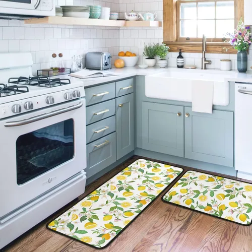 Miniatura 3 de Lemon - Juego de 2 alfombras y tapetes de cocina de microfibra antideslizantes, lavables, absorbentes para el piso, juego de 2 tapetes de cocina
