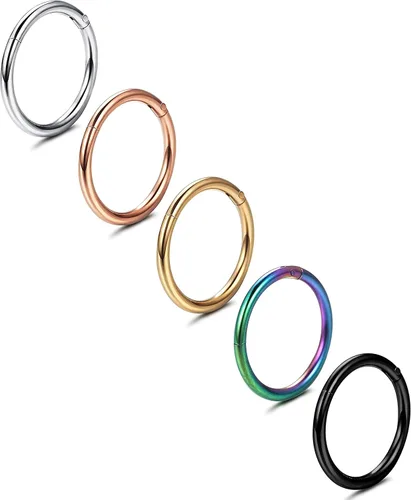 Jstyle 5 anillos de acero quirúrgico 316L para la nariz, 16G, 18G, 20G, con bisagras, para la nariz, para mujeres y hombres, cartílago, arete de