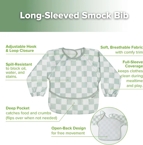 Miniatura 5 de haakaa Long Sleeve Baby Bib, Waterproof & Adjustable Baby Smock Bib for Eating, Painting & Play, Easy Wipe Clean, 6–24M Días a cuadros