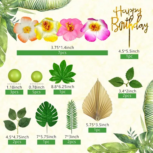 Miniatura 2 de 25 adornos para tartas hawaianas con hojas de palma, hibisco, bolas de flores para Hawaii, Aloha, selva, verano, boda, cumpleaños (multicolor)