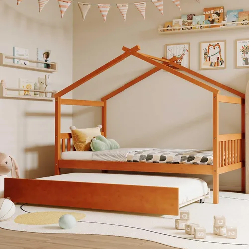 Miniatura 11 de Cama de casa con nido y valla, camas de tamaño matrimonial estilo Montessori con barandillas, marco de cama de madera para niños, niñas, niños