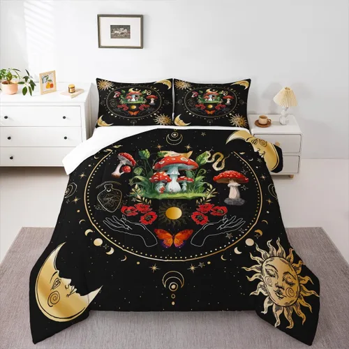 Miniatura 5 de Juego de edredón de champiñones para niños, tamaño individual, juego de ropa de cama romántica con sol, luna, cielo estrellado y galaxia, decoración