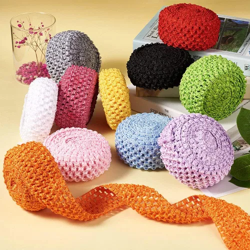Miniatura 6 de KISSITTY 2 rollos de cintas elásticas de ganchillo de 10.93 yardas, de poliéster negro, banda elástica de ganchillo plano para envolver regalos