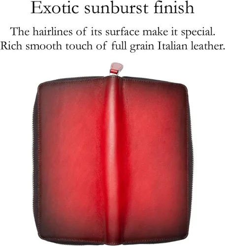 Miniatura 3 de Italy Cartera de cuero italiano de grano completo para mujer Gradation Sunburst de alta capacidad, Rojo