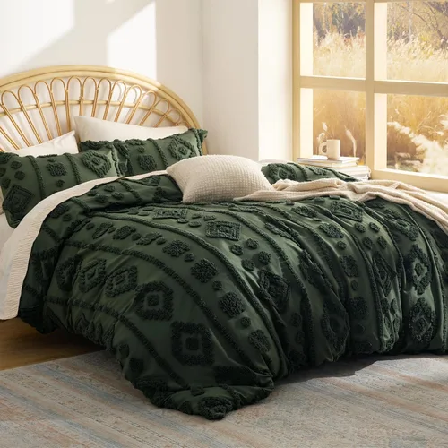 Miniatura 23 de Bedsure - Juego de edredón individual/King, juego de cama bohemio azul polvo capitoné, 3D, tipo jacquard, 2 piezas: 1 edredón estilo rústico chic