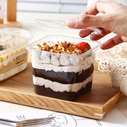Miniatura 5 de TOFLEN 50 tazas cuadradas de plástico para postres de 12 onzas con tapas y tenedores, vasos de plástico transparente para yogur, parfait para pudín
