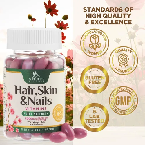 Miniatura 4 de Vitaminas para el cabello, la piel y las uñas, biotina, 5000 mcg por porción, apoyo extra fuerte para el crecimiento del cabello para mujeres