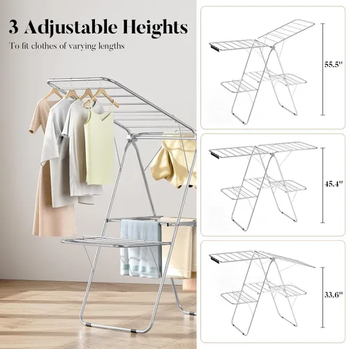 Miniatura 7 de APEXCHASER Tendedero de secado de ropa con 4 alas, estante de secado de acero inoxidable con clips para calcetines, conectores metálicos, altura