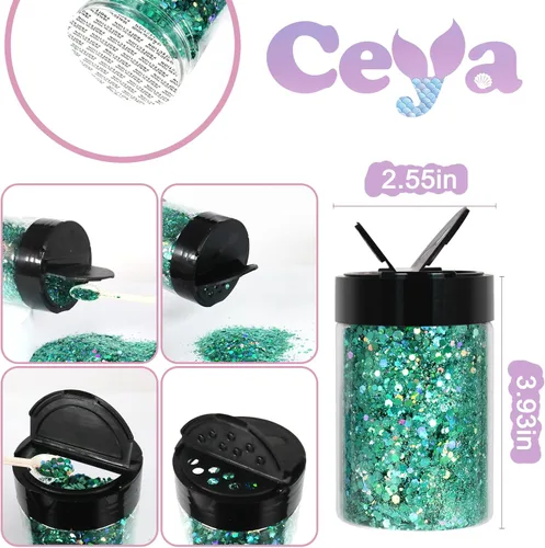 Miniatura 4 de Ceya Purpurina gruesa holográfica, 4.9 onzas/4.94 oz de color verde primaveral con purpurina en polvo mezclado con copos gruesos y finos