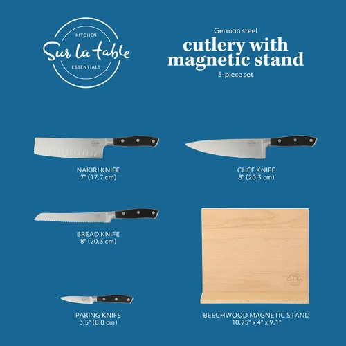 Miniatura 2 de Sur La Table Kitchen Essentials - Juego de 5 piezas de cuchillos de acero alemán con mango triple remachado en bloque magnético de madera de haya