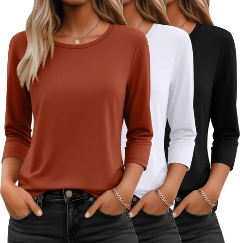 Miniatura 32 de Ficerd Paquete de 3 camisetas de manga 3/4 para mujer, cuello redondo, camisetas básicas elegantes, casuales, modernas, holgadas