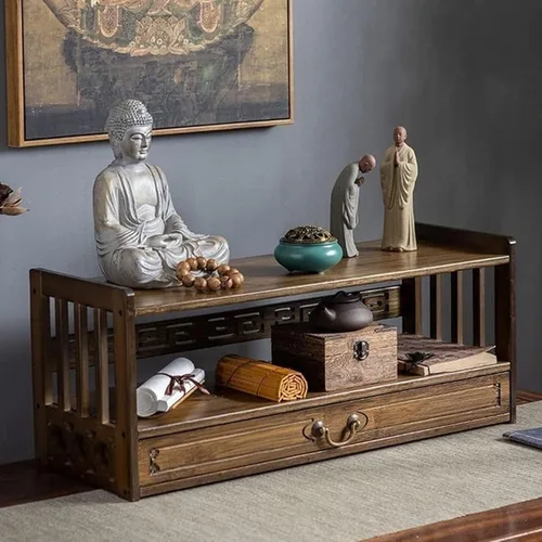 RYTM Mesa de meditación con almacenamiento, mesa pequeña de Puja de 3 niveles, santuario de Buda para oraciones, adivinación, adoración o muebles de