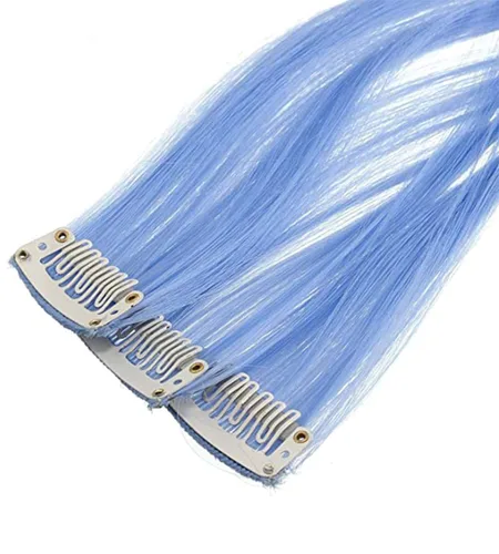 Miniatura 3 de 16 extensiones de cabello de colores con clip para fiestas, 21 pulgadas, lacio, sintético, extensiones de cabello azul claro para niñas y mujeres