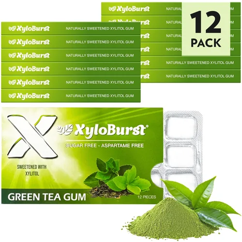 Miniatura 3 de XyloBurst Goma de mascar de xilitol, sin azúcar, sin gluten, apto para dieta cetogénica, sin aspartamo, para la salud bucal, té verde, 12 piezas