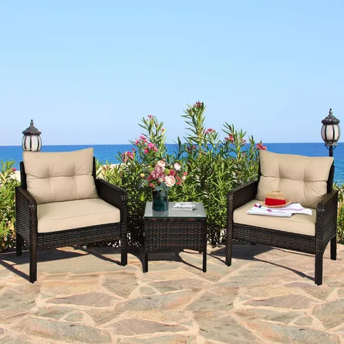 Miniatura 9 de RELAX4LIFE Juego de muebles de patio de 3 piezas, juego de conversación de mimbre de ratán PE para exteriores con mesa de centro de cristal y Beige