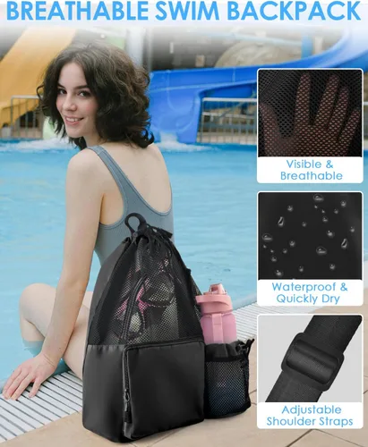 Miniatura 4 de BROTOU Mochila de playa para natación con bolsillo húmedo de malla y cordón, bolsas para nadar, gimnasio Negro