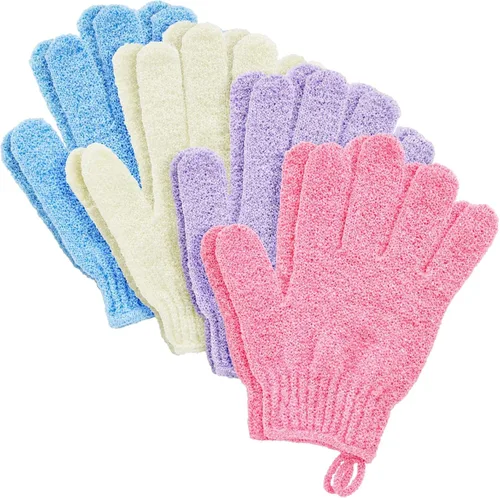 4 pares de guante exfoliante; exfoliante para cuerpo para Ducha y baño, guantes de esponja de lufa limpiadores en 4 colores variados para hombres y