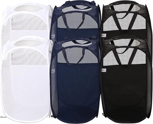 AQQA 6 unidades, práctica canasta plegable de malla plegable (negro/blanco/azul), cesta de lavandería emergente con asas duraderas, cesta de malla