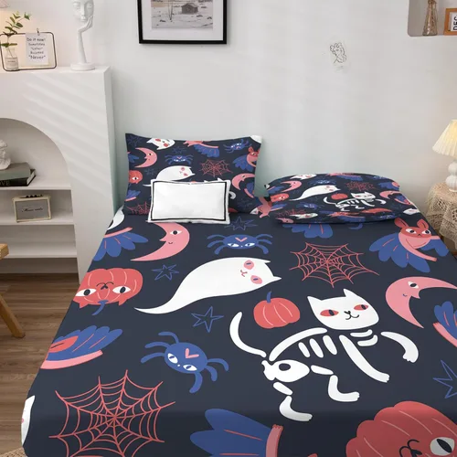 Miniatura 2 de Sábanas de Halloween tamaño Queen, diseño de tela de araña fantasma, sábanas y fundas de almohada de 4 piezas, sábana bajera ajustable de microfibra