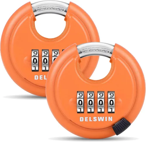 Miniatura 20 de DELSWIN Cerradura de combinación de disco de 4 dígitos para exteriores, candados de combinación resistentes con grillete de acero endurecido Negro 2