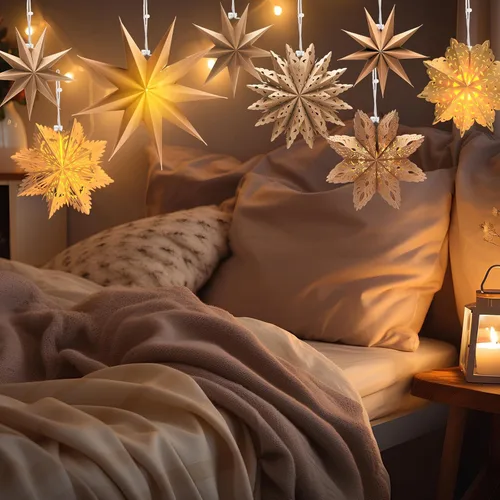 Miniatura 7 de Leinuosen Juego de 10 Faroles de Papel de Copo de Nieve de Navidad, Faroles de Estrella de Papel con 10 Luces LED, Lámpara de Estrella Colgante