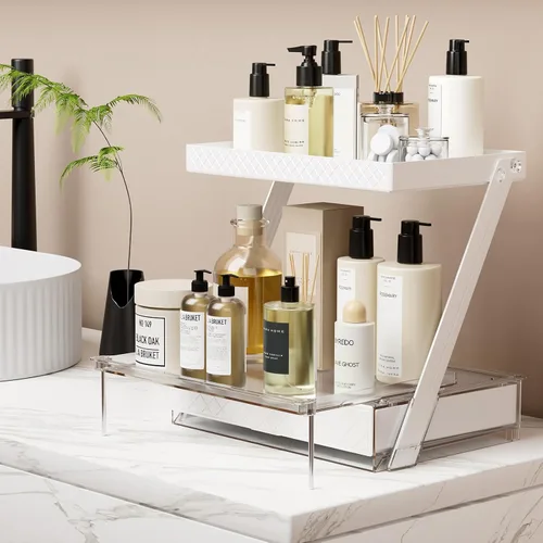 Miniatura 2 de Organizador de encimera de baño de 2 niveles, organizador de tocador en forma de Z con bandeja deslizante y cajón, organizador de almacenamiento