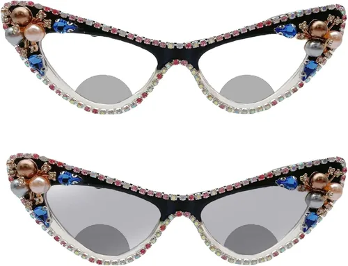 Gafas de lectura bifocales de diamantes de imitación fotocromáticos de transición para mujeres lindo sexy elegante ojo de gato lectores gafas de sol