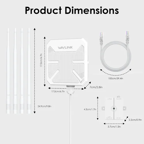 Miniatura 9 de WAVLINK AC1200 Extensor WiFi para exteriores 2026, amplificador Wi-Fi de largo alcance de doble banda, antenas Omni 4x7dBi, PoE, puerto Gigabit