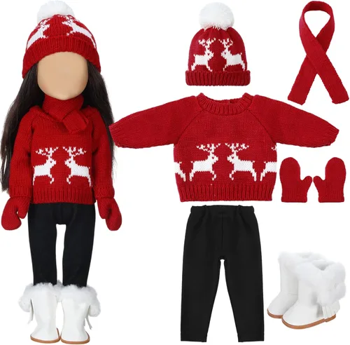 Miniatura 11 de Bencailor 6 Piezas Ropa y Accesorios para Muñecas de 18 Pulgadas de Navidad Conjunto de Atuendos Navideños Suéteres Pantalones Sombreros Zapatos