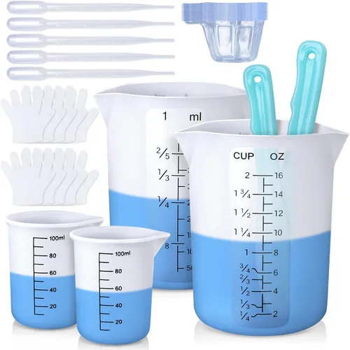 LET'S RESIN Tazas de medición de silicona, 450ml precisas 2 escalas y 100ml tazas de medición duraderas, taza de mezcla de epoxi, varillas de
