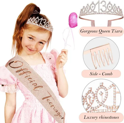 Miniatura 4 de Decoraciones de cumpleaños de 13 años para niñas, que incluyen adornos para pastel de cumpleaños de 13 años, banda de reina con alfiler de perla