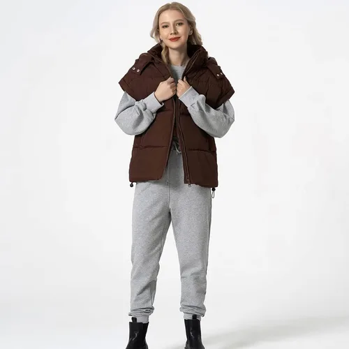 Miniatura 51 de Shiyifa Chaleco acolchado para mujer, chaqueta de gran tamaño, sin mangas, ligera, con cremallera, con capucha desmontable