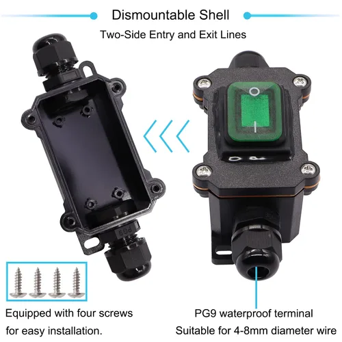 Miniatura 5 de IP67 Interruptor de línea impermeable en línea 16A/250V 20A/125V CA DPST de 4 pines, 2 posiciones, interruptor de palanca exterior con botón de Verde