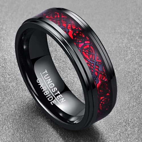 Miniatura 2 de Corato Anillos de tungsteno para hombre, 0.315in, dragón celta negro y ópalo rojo, dos tonos, carburo de tungsteno, borde escalonado, ajuste cómodo