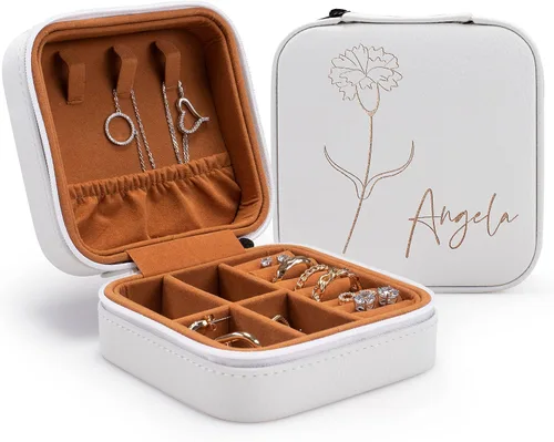 Miniatura 18 de Joyero de cuero personalizado con nombre y mes de la flor de nacimiento, regalos de cumpleaños para mujeres, estuche de viaje de joyería Negro